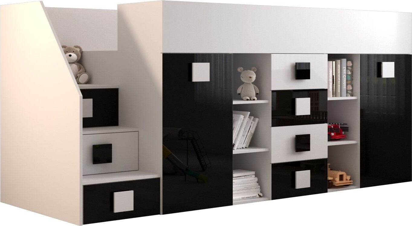 Etagenbett für Kinder Toledo 3 Stockbett mit Treppe, Schreibtisch, Bettkasten (Weiß/Weiß Glanz + Schwarz Glanz, Seite: Links)