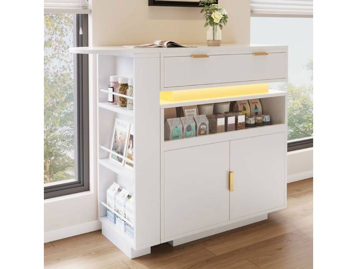 Table de bar extensible îlot de cuisine avec rangements éclairage LED pivotant à 360° blanc