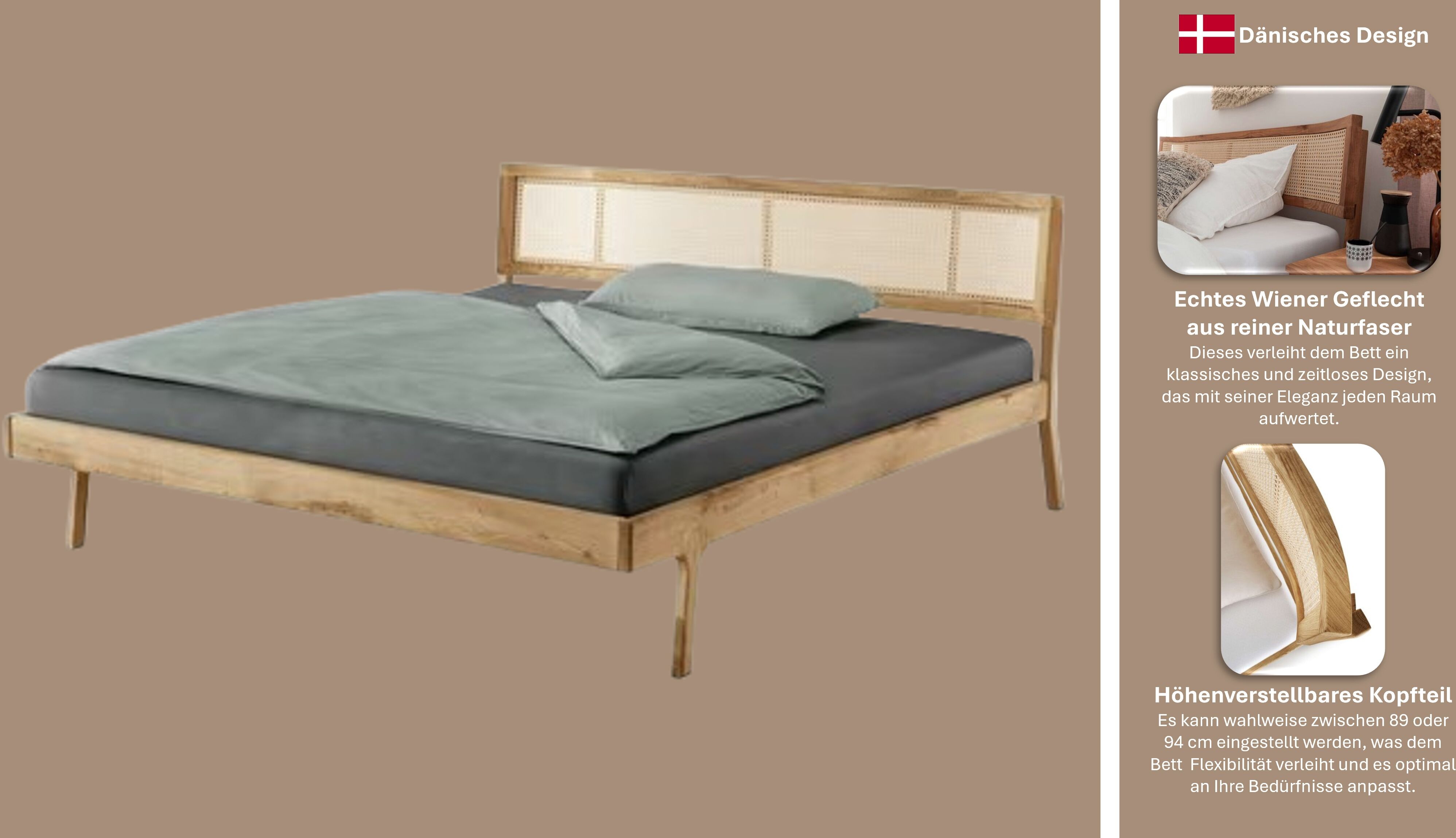 Massivholzbett GOODPRODUCT "Hällevik, Kopfteil höhenverstellbar, Eiche massiv, mit Wiener Geflecht", braun (eiche natur), B:160cm H:94cm L:210cm, Betten, Massivholzbett, skandinavischer Stil, Made in EU, FSC-zertifiziert, sehr stabil eiche natur Liegefläc