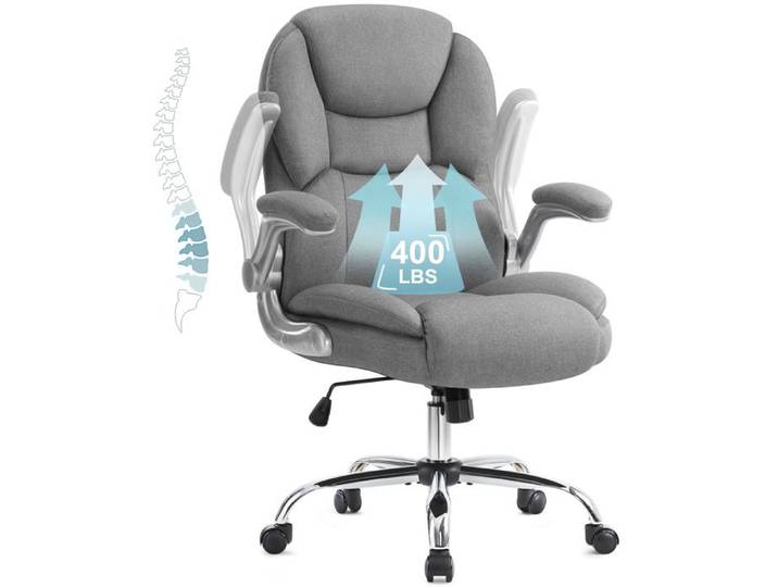 IWMH Chaise de Bureau Ergonomique Fauteuil Bureau avec Accoudoir Rabattable Siege d'Ordinateur Rembourrée Épaisse - Tissu - Gris