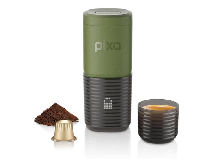 WACACO Pixapresso Kaffeemaschine Elektrisch & Tragbar, Olive Green 4 Kaffeesorten, schnelle Aufheizzeit, Siebträger für 8–16 g, gemahlener Kaffee und Kapseln, für unterwegs, Touch-Bedienung