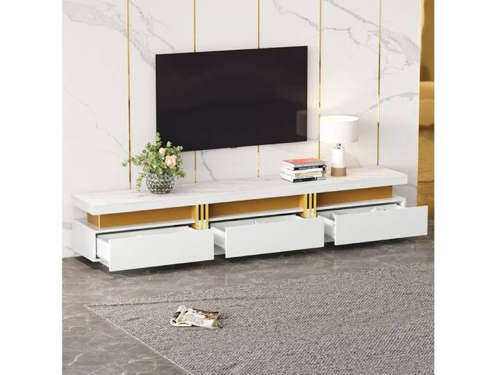 COVREO Ensemble meuble TV et table basse blanc aspect marbre moderne panneaux de particules