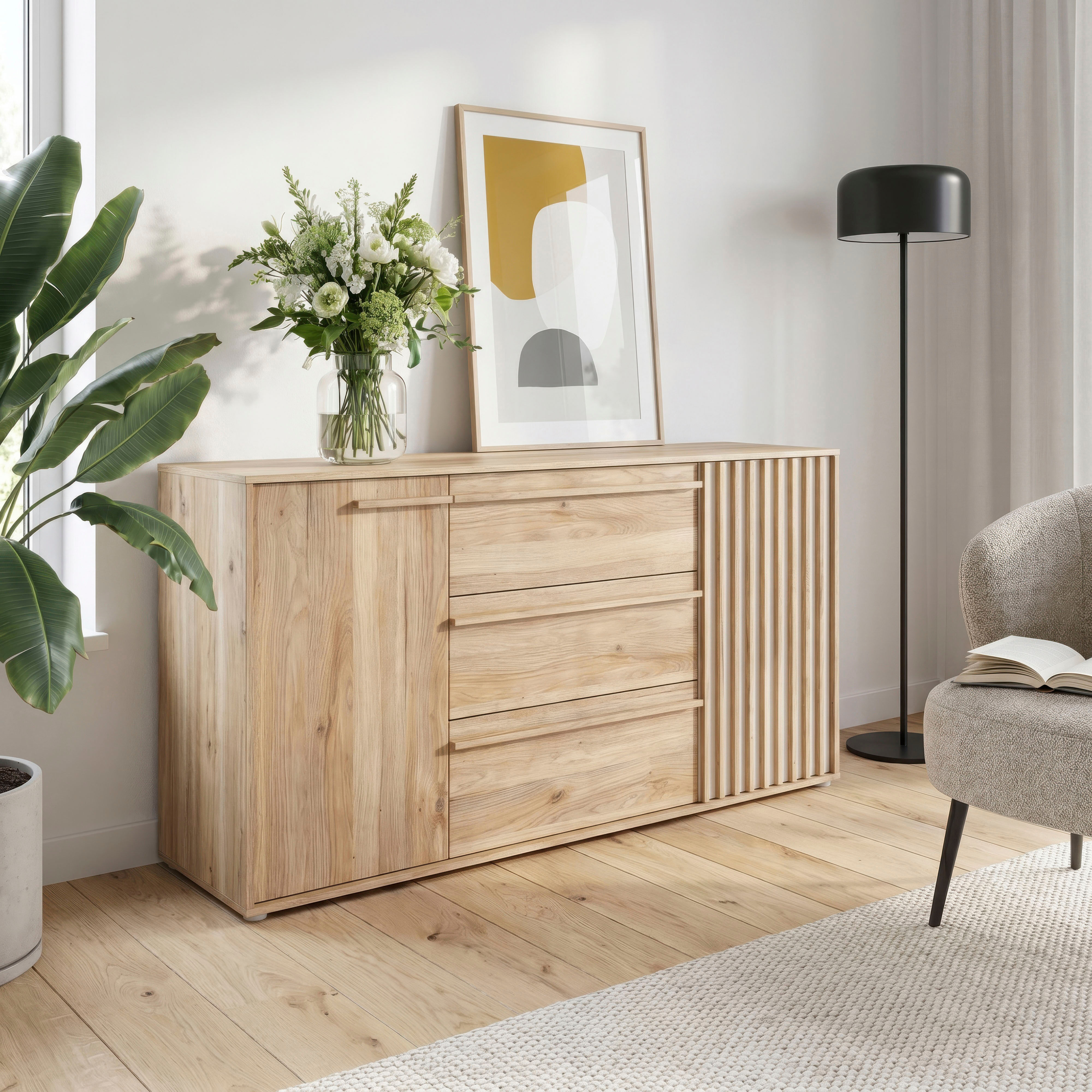 Sideboard FORTE "Forte Arank Sideboard 162, Vollauszug, Soft Close", mauvella eiche, kaschmir beige, B:162,5cm H:84,9cm T:41,7cm, Spanplatte, Sideboards, Sideboard