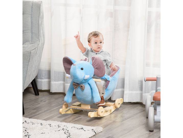 HOMCOM Cheval à Bascule Jouet à Bascule éléphant et Porteur sur roulettes 2 en 1 Fonction Musicale 32 Pistes Ceinture sécurité