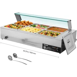 VEVOR kommerzieller Speisenwärmer (6 x 1/2 Größe Behälter), 1,5 kW elektrischer Wärmebehälter aus Edelstahl mit Glasabdeckung & Suppenkelle, Chafing Dishes für Catering Restaurant Party
