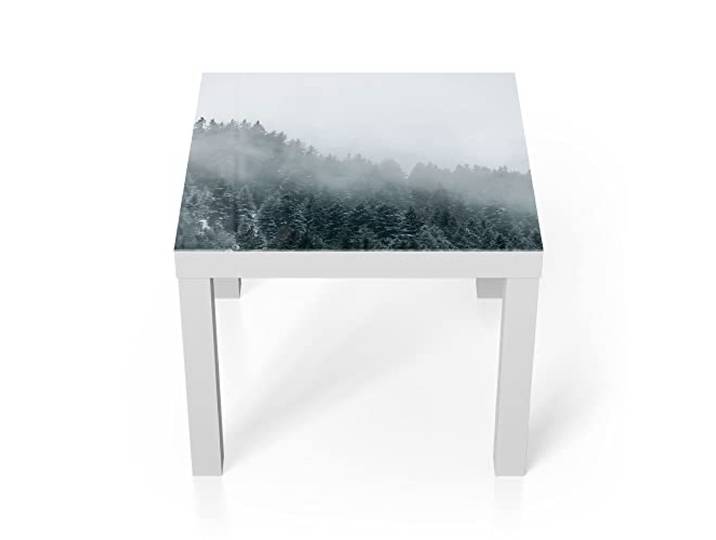DEQORI Glastisch weiß klein 55x55 cm Motiv Nebel über Baumwipfeln ausgefallener Beistelltisch aus Glas Hochglanz Couchtisch fürs Wohnzimmer moderner Couch Tisch mit Design