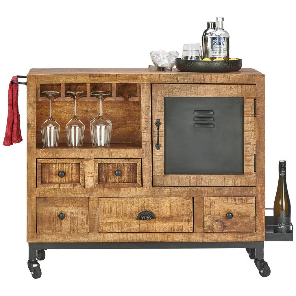 Landscape Servierwagen , Naturfarben, Schwarz , Holz, Metall , Mangoholz,Mangoholz , massiv,massiv , 5 Schublade(n) Schubladen , U-Form , 100x85x40 cm , offenes Fach , Esszimmer, Barmöbel, Barwagen