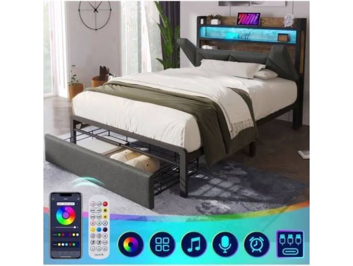Lit Coffre Simple - PDZZZD - 90x200cm - Métal - Tiroirs - Éclairage LED - USB Type C