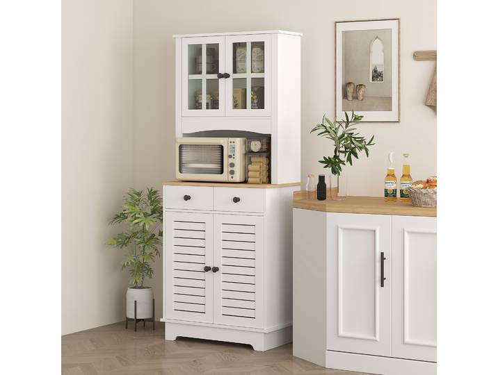 HOMCOM Armoire de cuisine avec portes vitrées, 2 tiroirs, armoire à vaisselle, armoire de salle à manger, bois, 68 x 39,5 x 170 cm, Blanc