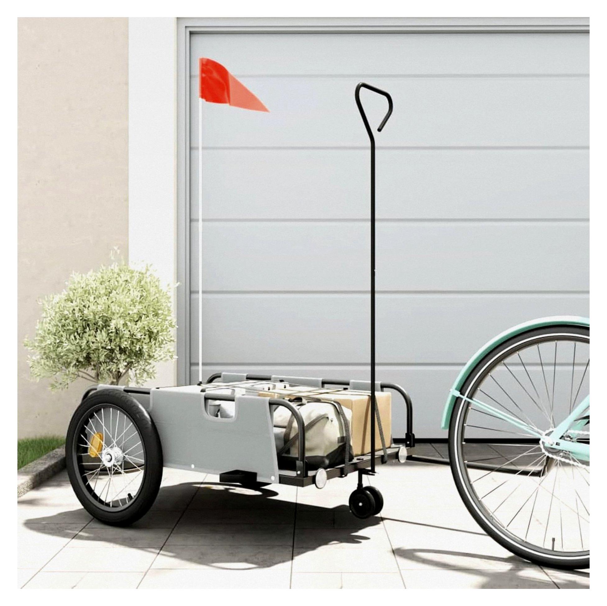 Fahrradanhänger aus robustem Oxford-Gewebe und pulverbeschichtetem Eisen, 135 x 68 x 37 cm, grau-schwarz, mit Sicherheitsflagge für Lastentransport und Einkäufe