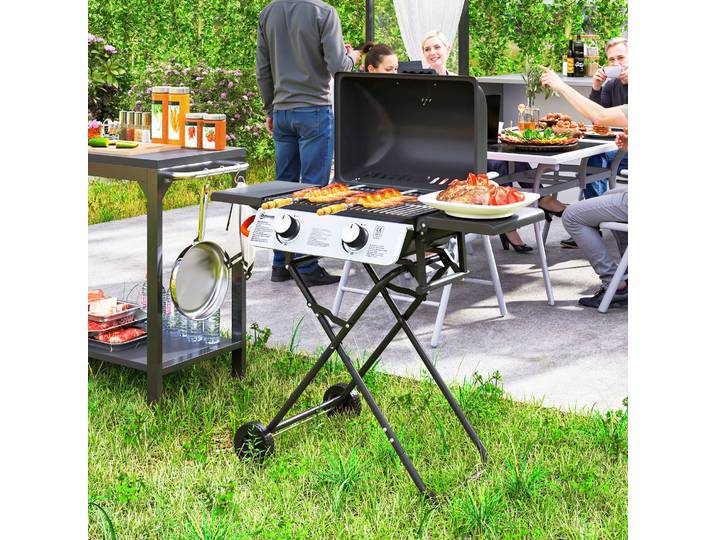 Outsunny Barbecue Gaz Portable 2 Brûleurs 6kW avec Roues Noir
