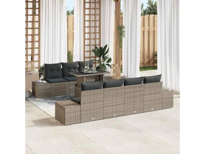 HEFZGDB Garten Sofaset 8 Stück Poly Rattan Grau mit Esstisch Sitzgruppe und Verstellbarer Tischplatte für Terrasse