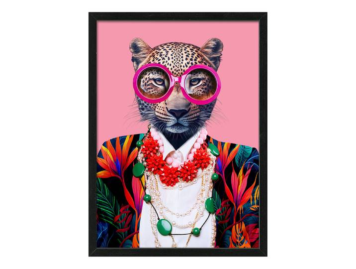 Tableau Cat With Glasses II Verre : verre float Cadre : panneau de fibres de bois à densité moyenne MDF , pelliculé Vert/Orange/Rose foncé 55 x