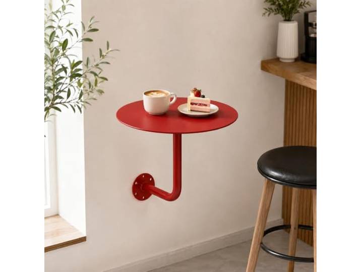 Wandklapptisch Rund Metall Wandmontage Beistelltisch Platzsparend Modern Platzsparendes Design, Stabil aus Metall, Einfache 3-Schritt-Montage, 7 Farben wählbar(Red,45cm)