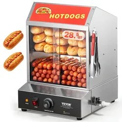 VEVOR Hot Dog Dampfgarer, 27L, 2-stufiger Hot Dog Hütten-Dampfgarer, 30°C~85°C Temperaturregelung, elektrischer Brötchenwärmer mit Schiebetüren aus gehärtetem Glas, Trennplattenzange, Edelstahl, für Hot Dogs & Brötchen