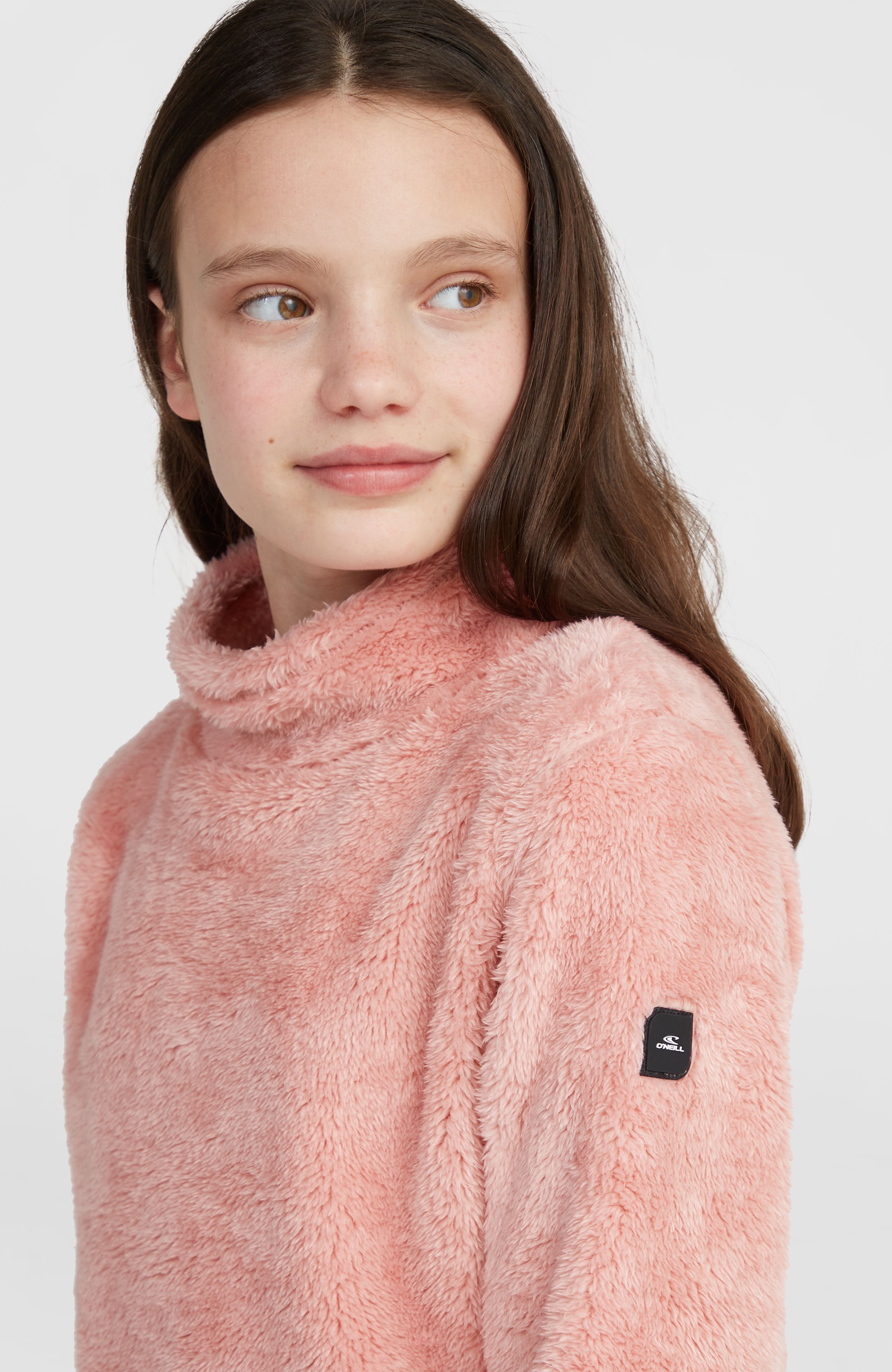 Fleecepullover O'NEILL "FUZZY FLEECE", Mädchen, Gr. 152 (146), pink (genuine pink), Plüsch, Obermaterial: 100% Polyester, unifarben, hoch geschlossener Ausschnitt, eingesetzt eingefasste Kante, Sweatshirts Fleecepullover, mit Stehkragen, Langarm-Design, a