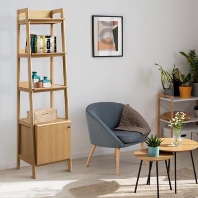 Balsam Sleek 5-Shelf Ladder Oak Wooden Bookcase with Storage Cabinet