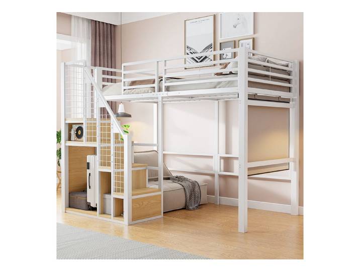 Flieks Hochbett Einzelbett Kinderbett Metallbett 90x200cm mit Stauraumtreppe