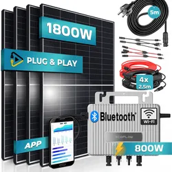 SUNNIVA® 1800W Balkonkraftwerk 800W komplett Steckdose - Ecoflow Stream 800W Wechselrichter - PV Solaranlage Komplettset - 4x 450W (1800W) Solarmodule - inkl. 5m Kabel - Bluetooth, WIFI