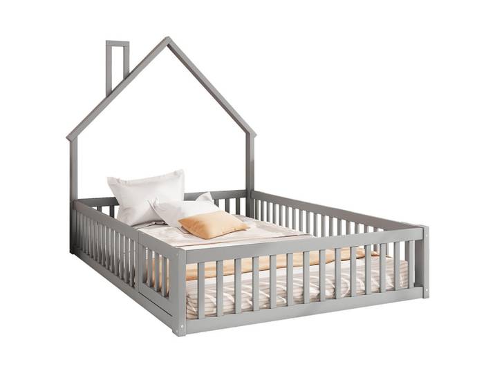 Gisaae Kinderbett 140x200 Hausbett mit Schornstein Kiefernholz Lattenrost, Grau, Schlafzimmer, Betten