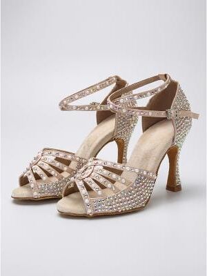 LightInthebox Women's Gold Rhinestone Latin Dance Shoes with Strappy Design, Sparkly High Heel Salsa Ballroom Dance Heels for Performance, Practice Party