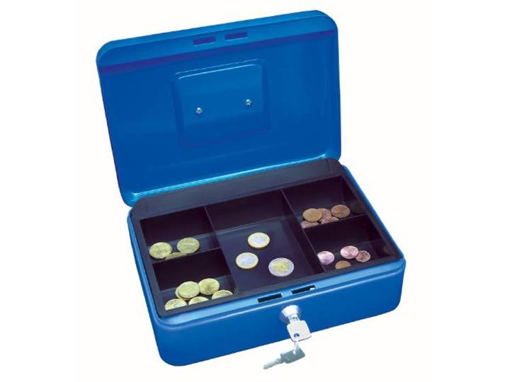 Wedo 145303X geldcassette (van gepoedercoat staal, intrekbare handgreep, 5-voudige muntinzet, veiligheidscilinderslot, 25 x 18 x 9 cm) blauw