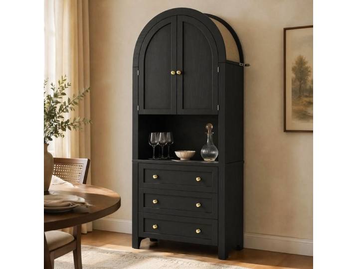 Buffet de cuisine arqué noir armoire haute de rangement 3 tiroirs 2 portes niche ouverte MDF FOLYNA