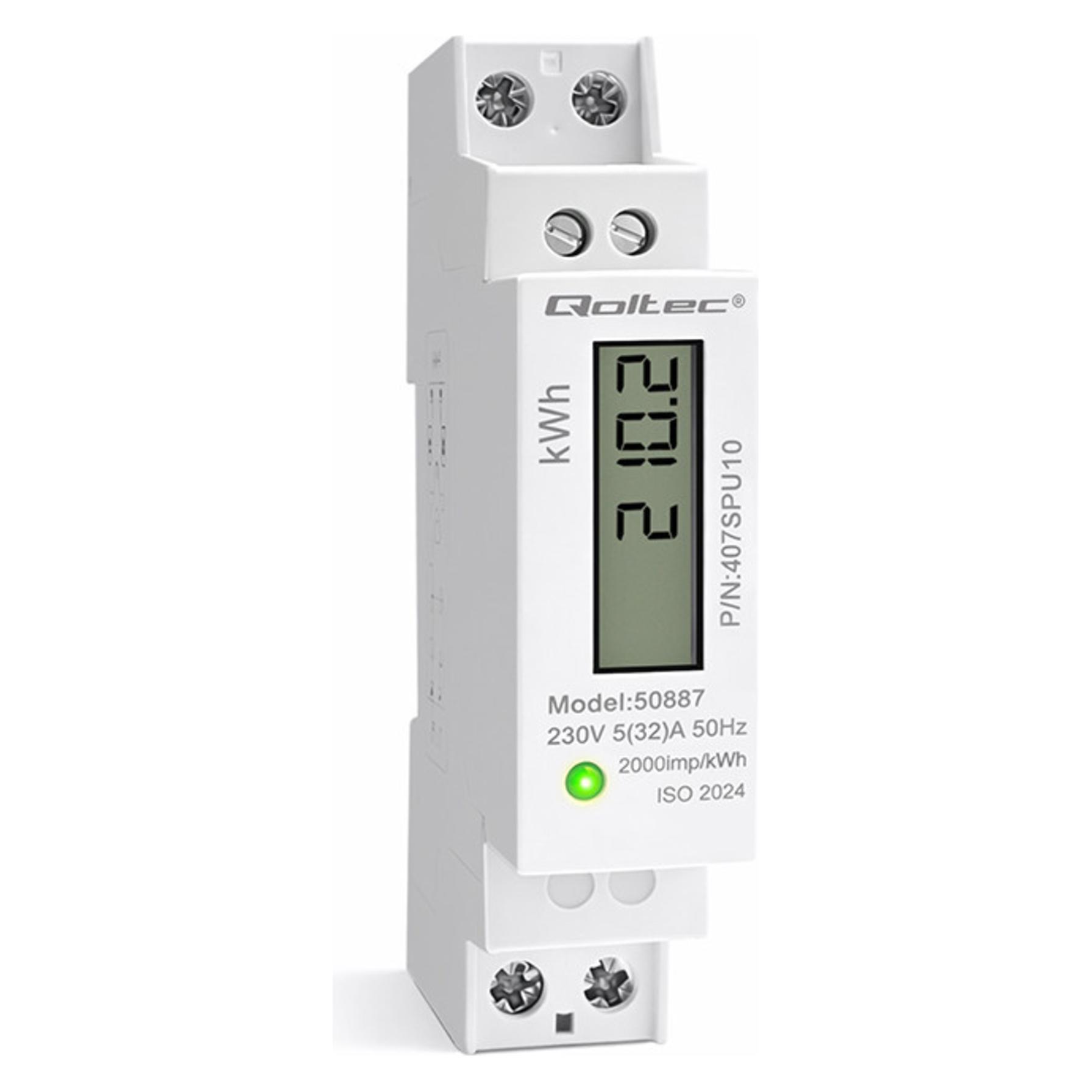Qoltec Jednofazowy elektroniczny licznik | miernik zużycia energii na szynę DIN | 230V | LCD | 2P | (50887)