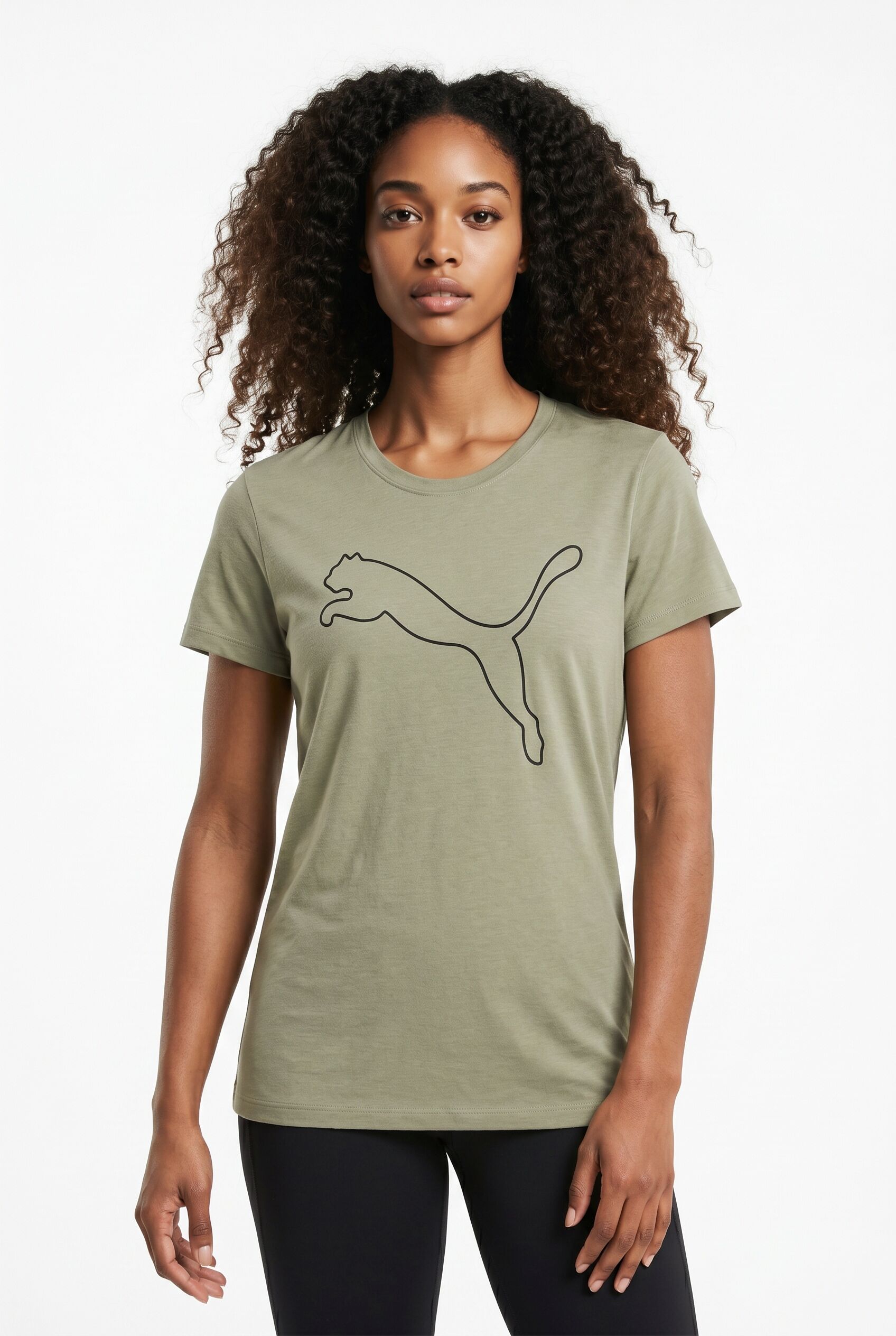 Trainingsshirt PUMA "W TAD ESSENTIAL HEATHER LOGO TEE", Damen, Gr. S, beige (lux army heather), Jersey, Obermaterial: 100% Polyester, regular fit normal, Rundhals, Shirts Trainingsshirt, Kurzarm, sportliches T-Shirt, für sportliche Aktivitäten lux army he