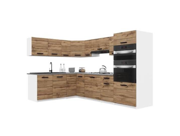 Belini ITALIA 8 Eckküche Küchenblock 420cm Goldbraun Küchenset als Eckküche, weiße Korpusse, DECOR ECONATURA Material, kratzfest, ohne Elektrogeräte, mit Arbeitsplatte