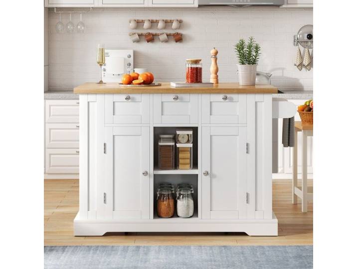 Îlot Central Cuisine Mobile 132cm - Planche Pliable Prise Roues et Tiroir - Rangement Pratique - Livraison Rapide