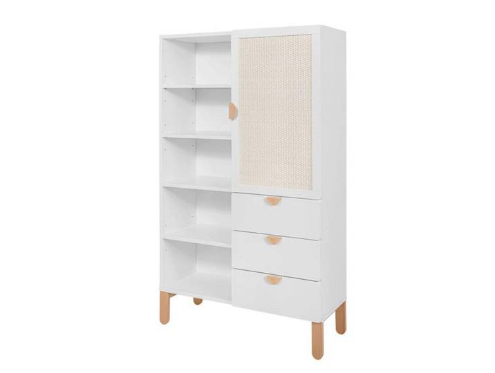 Petits-meubles Bücherregal Laurie Weiß und Holz, Holzwerkstoff, 3 Schubladen, 90x150x32.5 cm, Wohnzimmer, Regal, Bücherregale