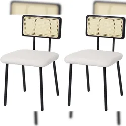 Décoshop26 - Set aus 2 Esszimmer-/Küchenstühlen aus Metall Polyrattan Holz und weißem Bouclé-Stoff/Textil CDS04800 CDS04800