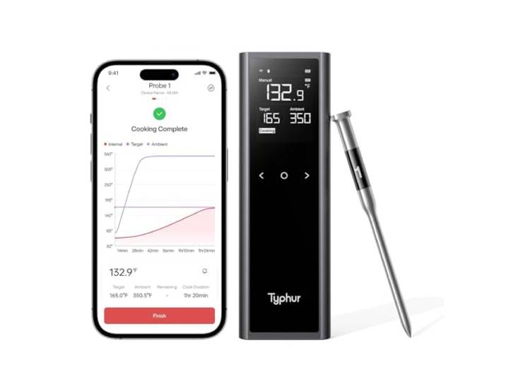 Typhur Sync One Intelligentes kabelloses Fleischthermometer, intelligente Basis mit LCD-Display, unbegrenztem WLAN und Bluetooth 5.3 Reichweite, IPX8 wasserdicht, NIST-zertifizierte Genauigkeit, Grill