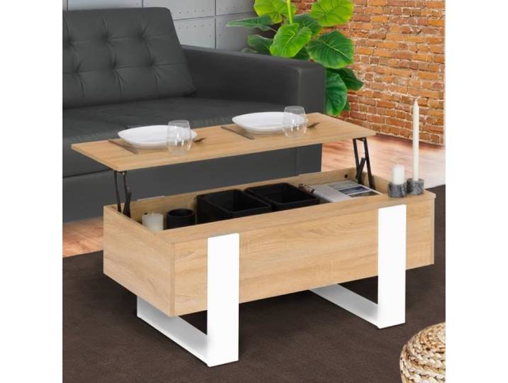 IDMARKET Table basse plateau relevable rectangulaire PHOENIX bois et blanc