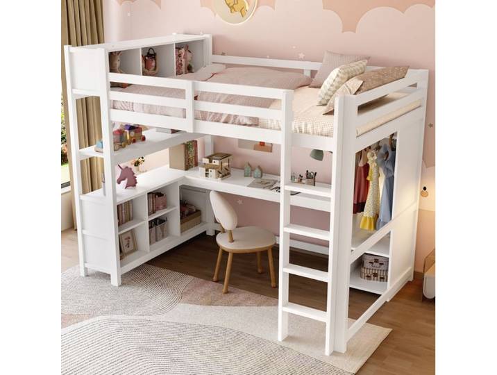 Lit mezzanine enfant 140x200 cm EVRYAE - avec Bureau Étagères et Armoire sans Matelas - Blanc
