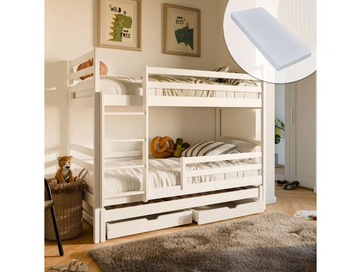 Lit superposé 90x200 + lit gigogne - 3 matelas inclus - Lit 3 places - 2 tiroirs - Lit convertible en 3 lits simples - Blanc