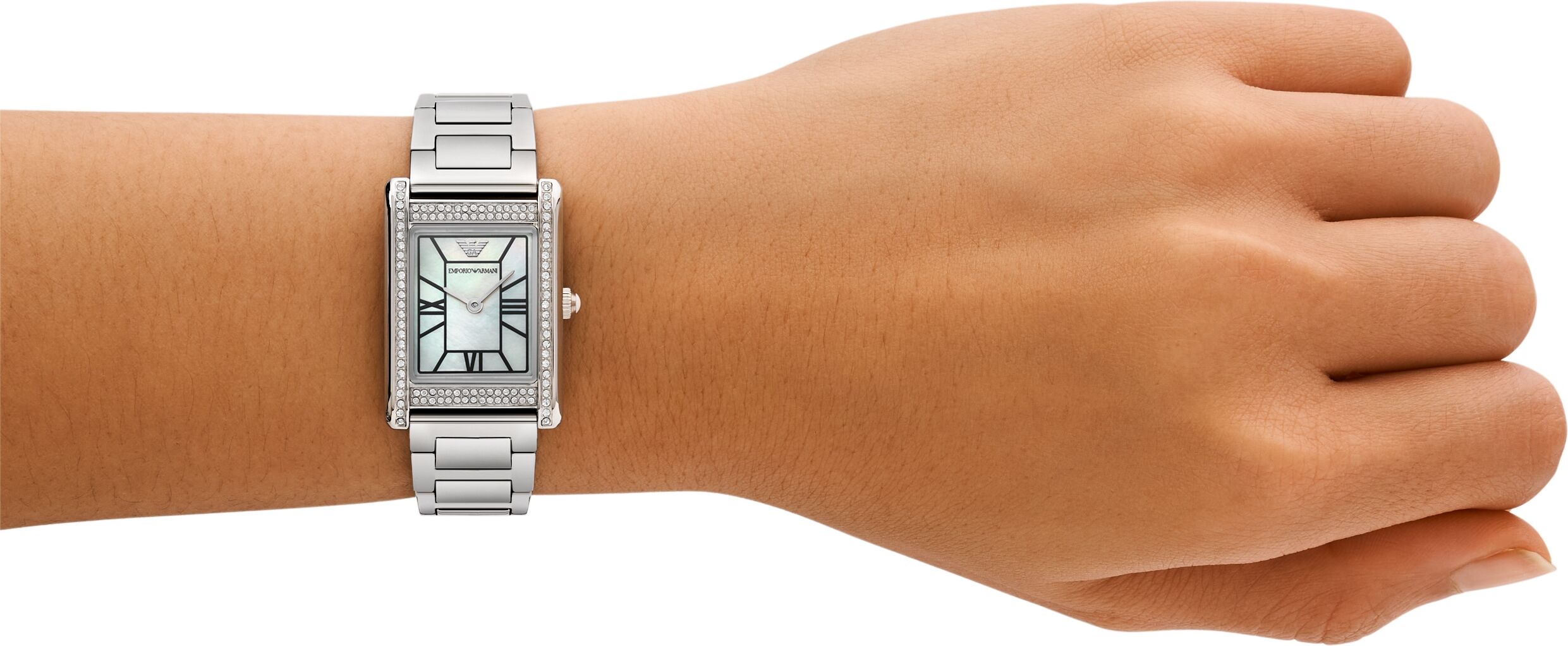 Quarzuhr EMPORIO ARMANI, silber (edelstahlfarben, perlmuttfarben, perlmuttfarben), Armbanduhren, Damen, edelstahlfarben, Quarzuhr, Armbanduhr, Damenuhr, Edelstahlarmband, analog, Glassteine