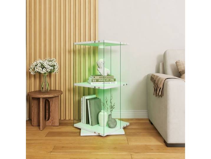Vitrine rotative pour collection avec LED Vitrine en verre avec 2 étagères à 360 degrés Vitrine sur pied 38x38x82cm Blanc