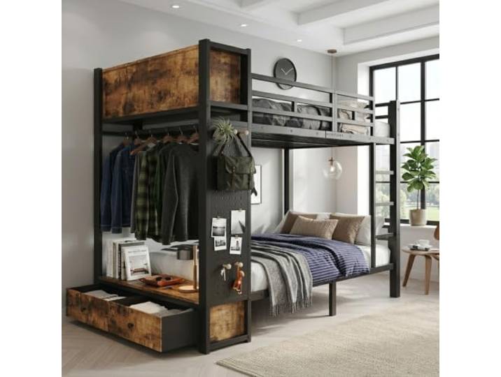 Elaimoros Schwarzes Metall-Etagenbett 120x200 cm mit Stauraum, Kleiderstange, Schublade, Lochwand und offenen Ablagefächern – Stockbett mit multifunktionalem Aufbewahrungssystem