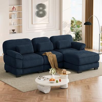 Loedds 3-Seat Corduroy L-Shaped Modular Sectional Sofa with Ottoman & Deep Seats