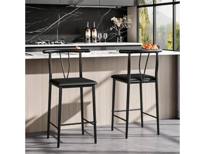 GarveeMore Barhocker-Set (4er) mit Rückenlehne, Fußstütze & dick gepolstertem PU-Sitz – 64 cm hoher Thekenhocker für Kücheninsel, Bar & Esszimmer – schwarz