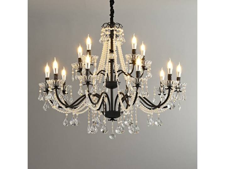 Lustre vintage noir en forme de candélabre avec cristaux et perles blanches, luminaire suspendu en fer pour salle à manger et salon