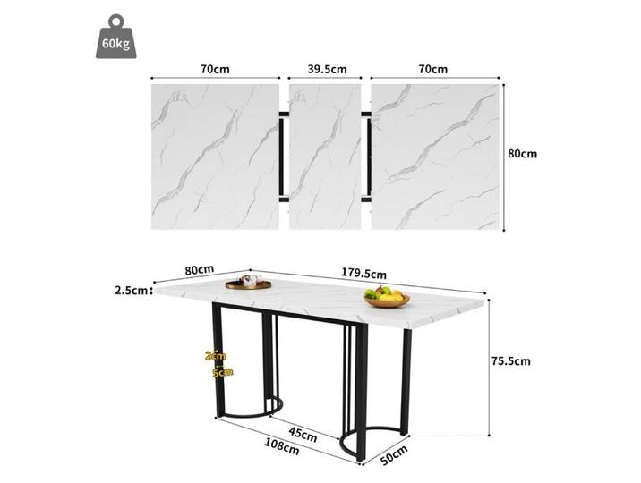 Table À Manger Extensible(140-179.5×80cm) Pieds De Table Noir Table À Manger En Cuisine Blanc Pour Cuisine Salon