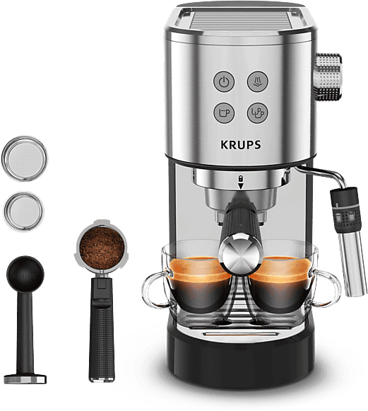 Cafetera express - Krups Virtuoso+ XP444C, 1400 W, 15 Bar, 1 L, Thermoblock, Apagado automático, Acero Inox