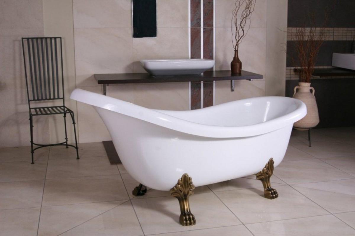 Freistehende Luxus Badewanne Jugendstil Sicilia Weiß/Altgold 174 x 83 x 81 cm, Barock Badezimmer - Retro Antik Badewanne