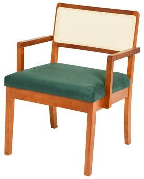 Storied Home Solid Wood Arm Chair with Woven Cane Back and Velvet Upholstered Seat