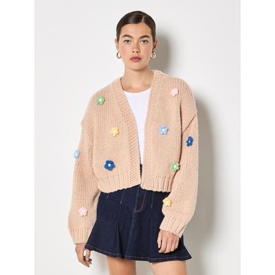 Cardigan APRICOT "Grobstrick-Strickjacke", Damen, Gr. M (38), beige (stein), Strick, Obermaterial: 100% Polyester PES., geblümt, Gerippt, Strickjacken, mit Gänseblümchen-Applikation