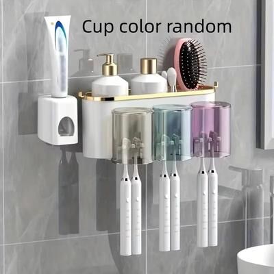 Inspired Finds FreshWall Multifunctional Toothbrush Holder With Toothpaste Dispenser And Mug Organizer three With Squeezer