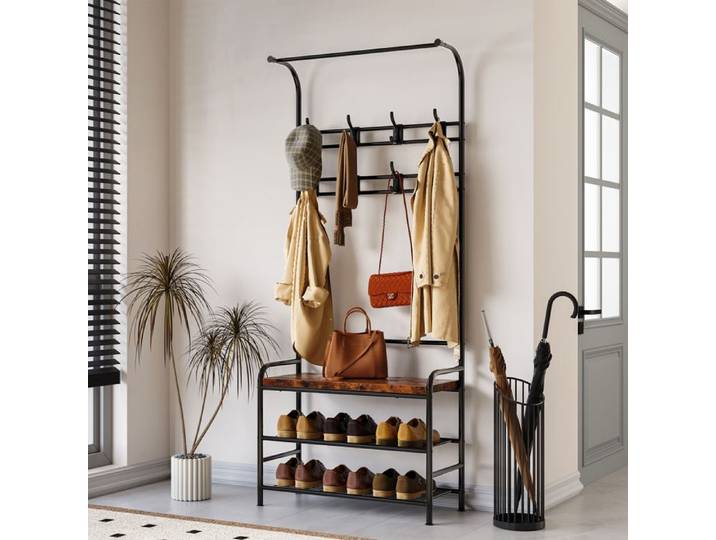 Porte-manteau 4 en 1 métallique avec banc à chaussures porte-manteau en métal avec crochets avec barre de suspension-vintage